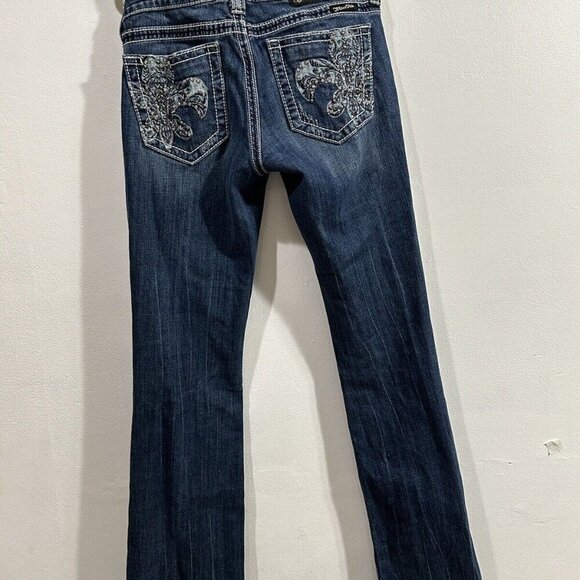 Miss Me Women Boot Cut Distressed Embellished Fleur Rear pockets Bling SZ 28 - Picture 2 of 11